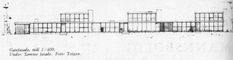Elevation showing the three houses at Planetveien. As published in _Byggekunst_, n.7 (1955).