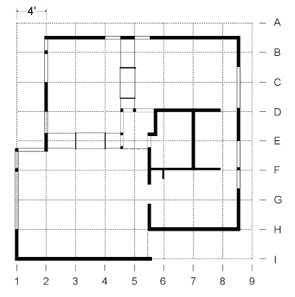 Plan of the Schindler Shelters, showing the relationship of the layout to the 4 foot module. Re-drawn from the original by Jin-Ho Park.