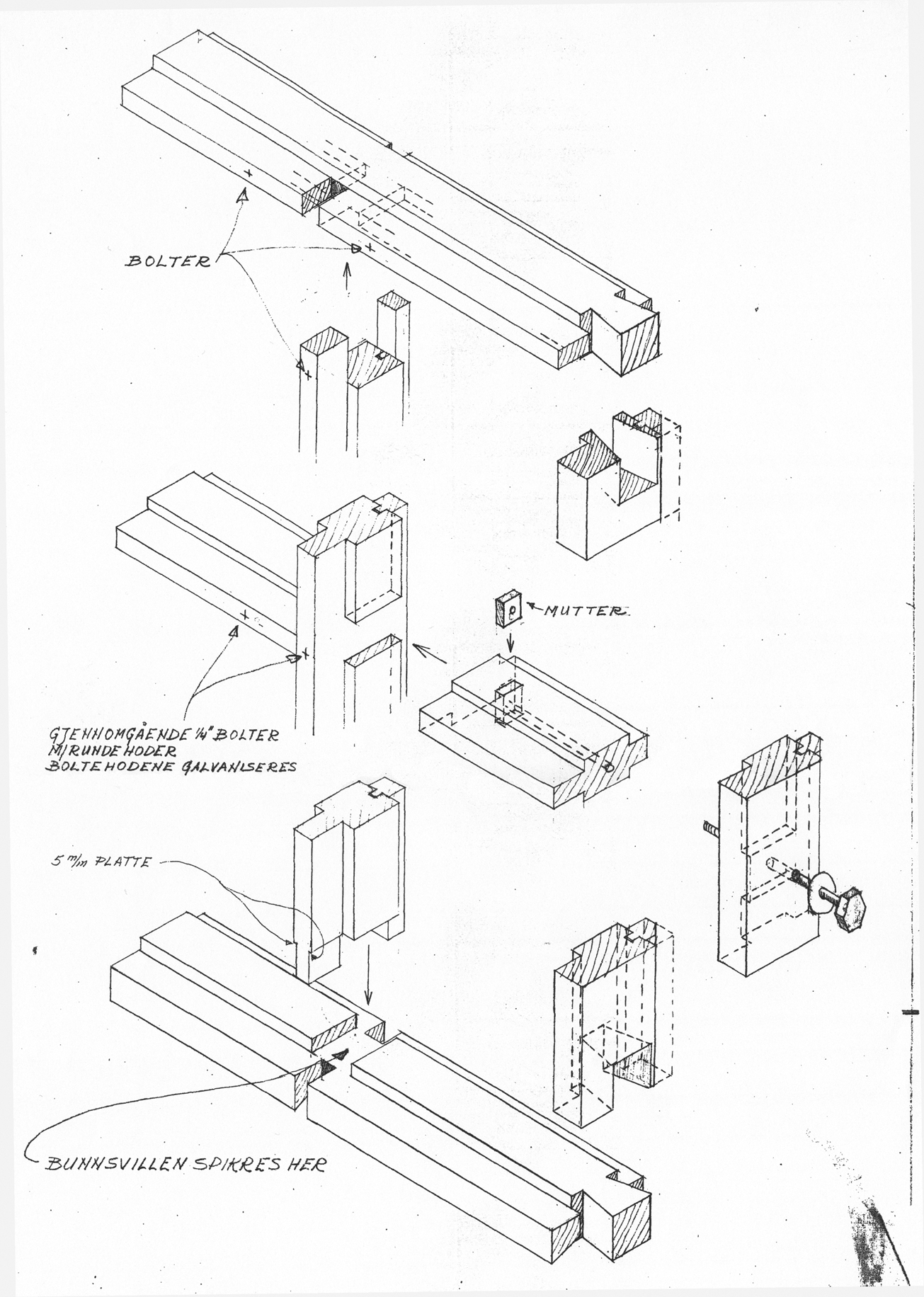 Detail of the construction documents for Norberg-Schulz and Korsmo’s Planetveien houses specifying to the carpenters how the intricate joinery of the wooden structure was to be hewn and assembled.