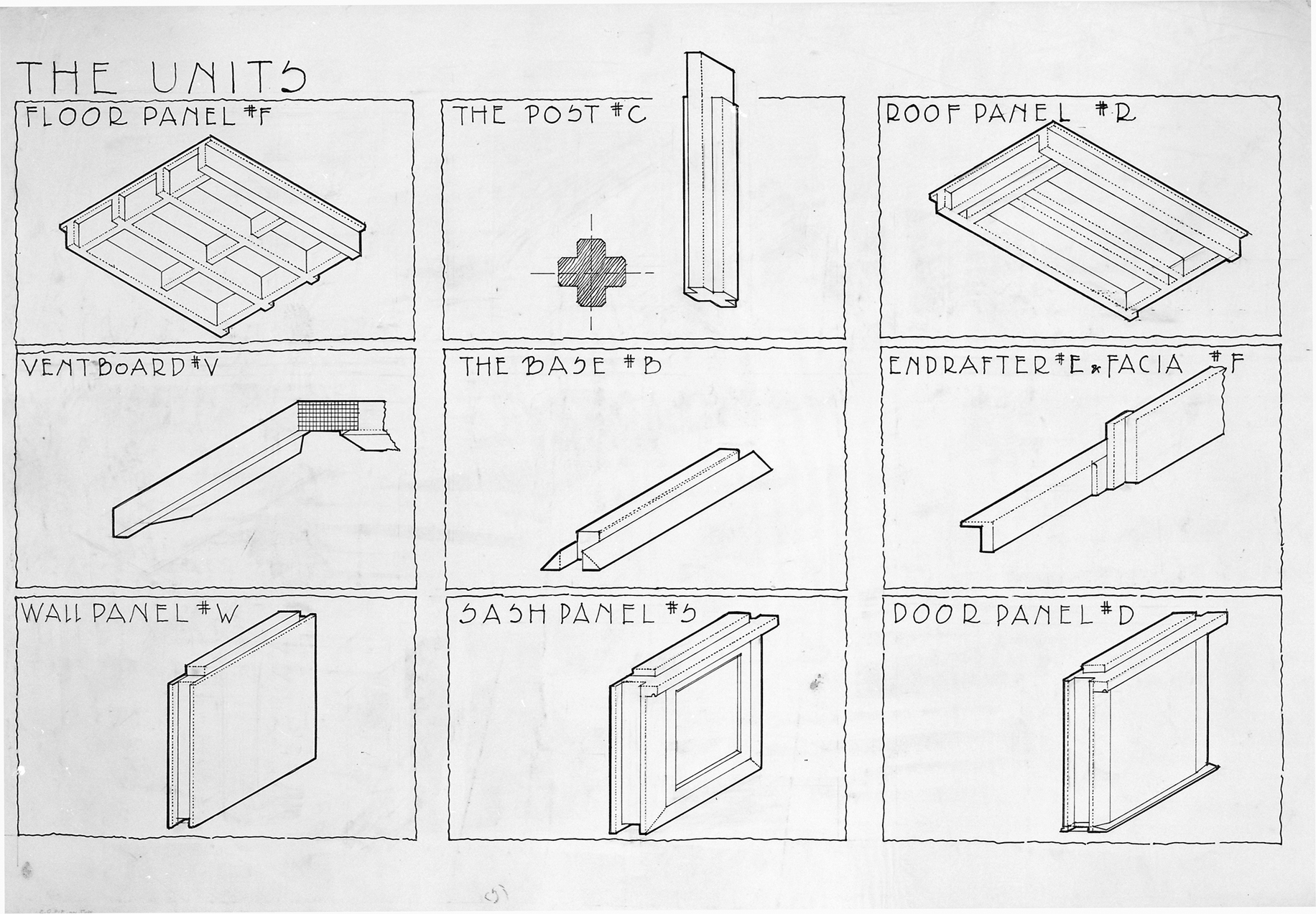 Rudolph Schindler’s drawing of the elements in the panel-post construction system.